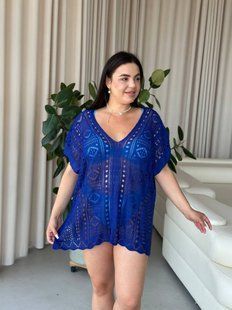 Пляжна коротка синя туніка PLUS SIZE тоненька в'язка 9977 фото