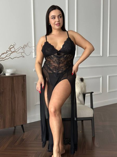 Розкішна чорна мереживна довга сорочка PLUS SIZE 14409 фото