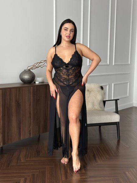 Розкішна чорна мереживна довга сорочка PLUS SIZE 14409 фото