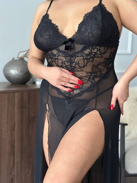 Розкішна чорна мереживна довга сорочка PLUS SIZE 14409 фото