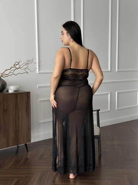 Розкішна чорна мереживна довга сорочка PLUS SIZE 14409 фото