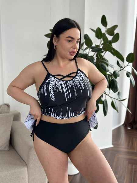 Чорний купальник танкіні PLUS SIZE з білим принтом 12316 фото