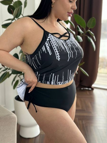 Чорний купальник танкіні PLUS SIZE з білим принтом 12317 фото
