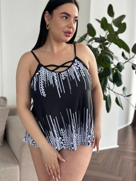 Чорний купальник танкіні PLUS SIZE з білим принтом 12317 фото