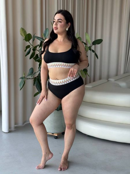 Роздільний чорний купальник PLUS SIZE з яскравою резинкою 9723 фото