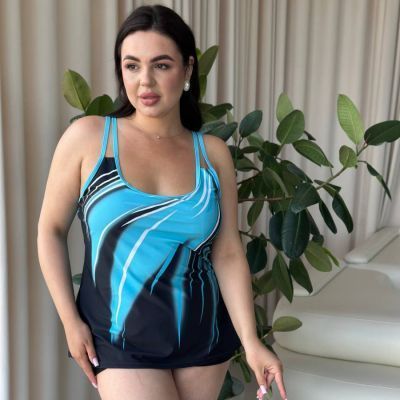 Купальник чорний танкіні PLUS SIZE з блакитним принтом та шортиками 7478 фото