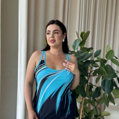Купальник чорний танкіні PLUS SIZE з блакитним принтом та шортиками 7478 фото