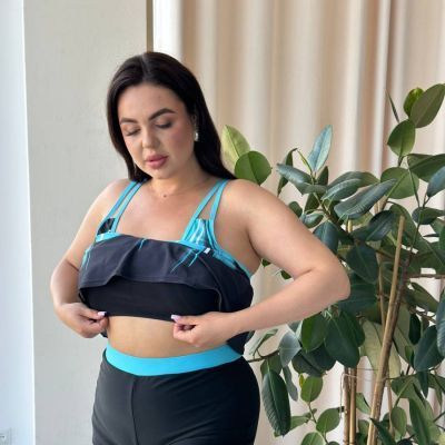 Купальник чорний танкіні PLUS SIZE з блакитним принтом та шортиками 7478 фото