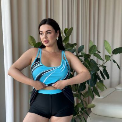 Купальник чорний танкіні PLUS SIZE з блакитним принтом та шортиками 7478 фото