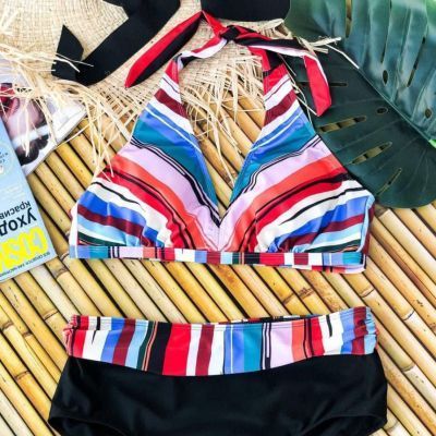 Роздільний яскравий купальник PLUS SIZE знімними чашками та високими плавками 7409 фото