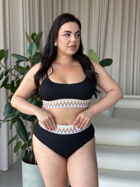 Роздільний чорний купальник PLUS SIZE з яскравою резинкою 10011 фото