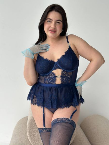 Еротичний мереживний синій комплект білизни PLUS SIZE з панчохами 16941 фото