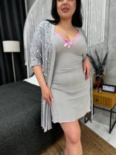 Піжамний сірий комплект: халат + нічна сорочка PLUS SIZE 7308 фото