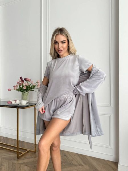 Велюрова сіра піжама трійка з халатом 2162758 фото