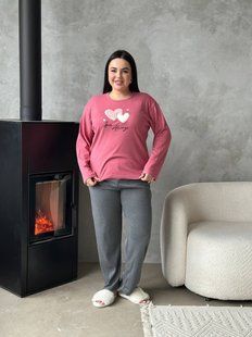 Рожева м'яка піжамка з сердечками PLUS SIZE з мікрофлісу 15153 фото