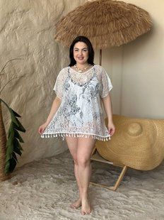 Жіноча біла мереживна пляжна туніка PLUS SIZE 15998 фото