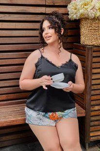 Чорна шовкова піжама шортики та майка PLUS SIZE 7717 фото