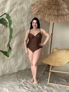 Шоколадний суцільний купальник PLUS SIZE з формованимим чашками та утяжкою 16068 фото