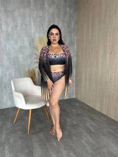 Яскравий роздільний купальник з тунікою PLUS SIZE леопардовий принт 9702 фото